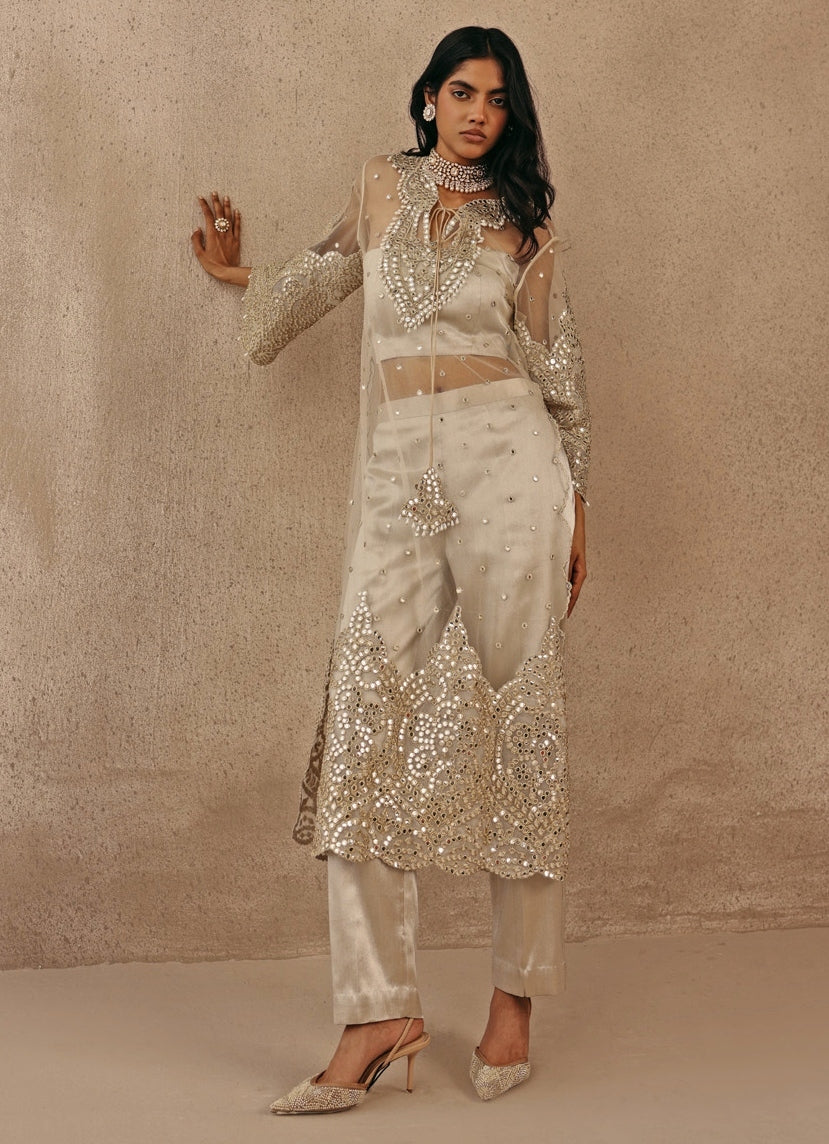 Silver And Nude Soft Net Kurta Pants Set