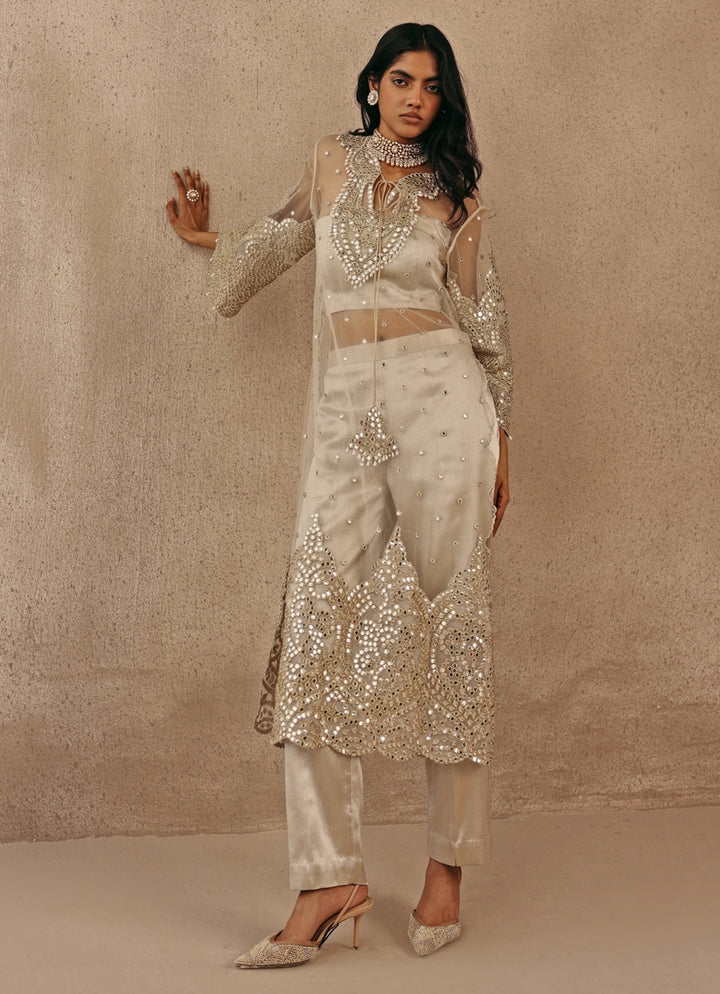 Silver And Nude Soft Net Kurta Pants Set