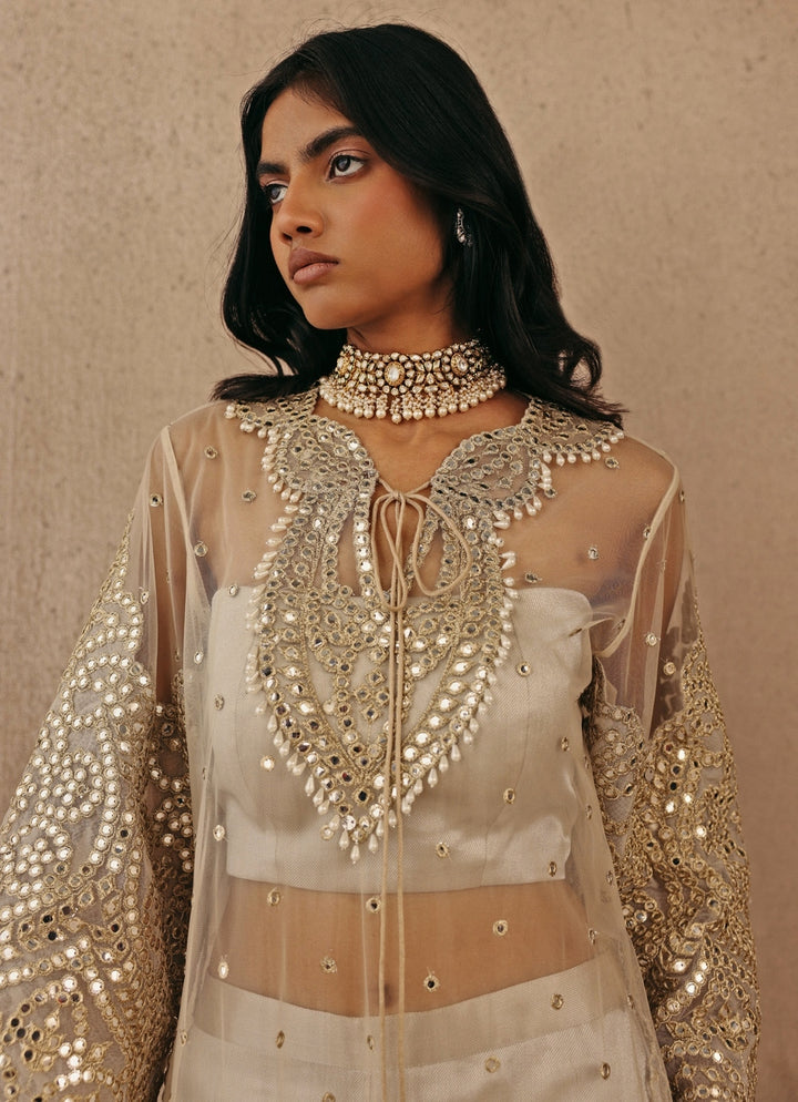 Silver And Nude Soft Net Kurta Pants Set