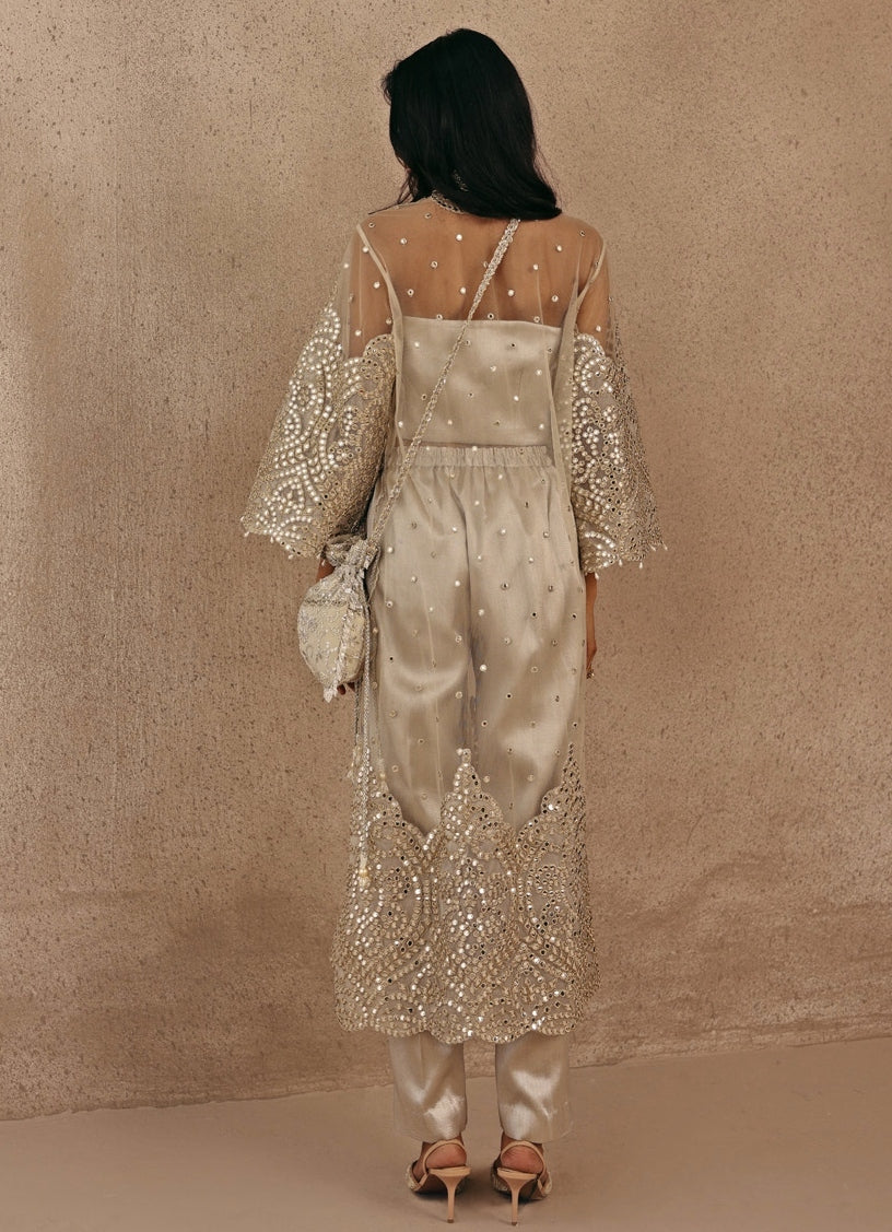 Silver And Nude Soft Net Kurta Pants Set