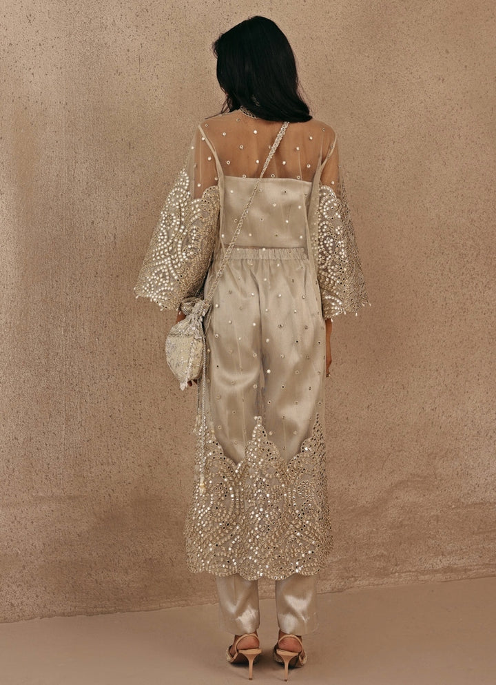 Silver And Nude Soft Net Kurta Pants Set