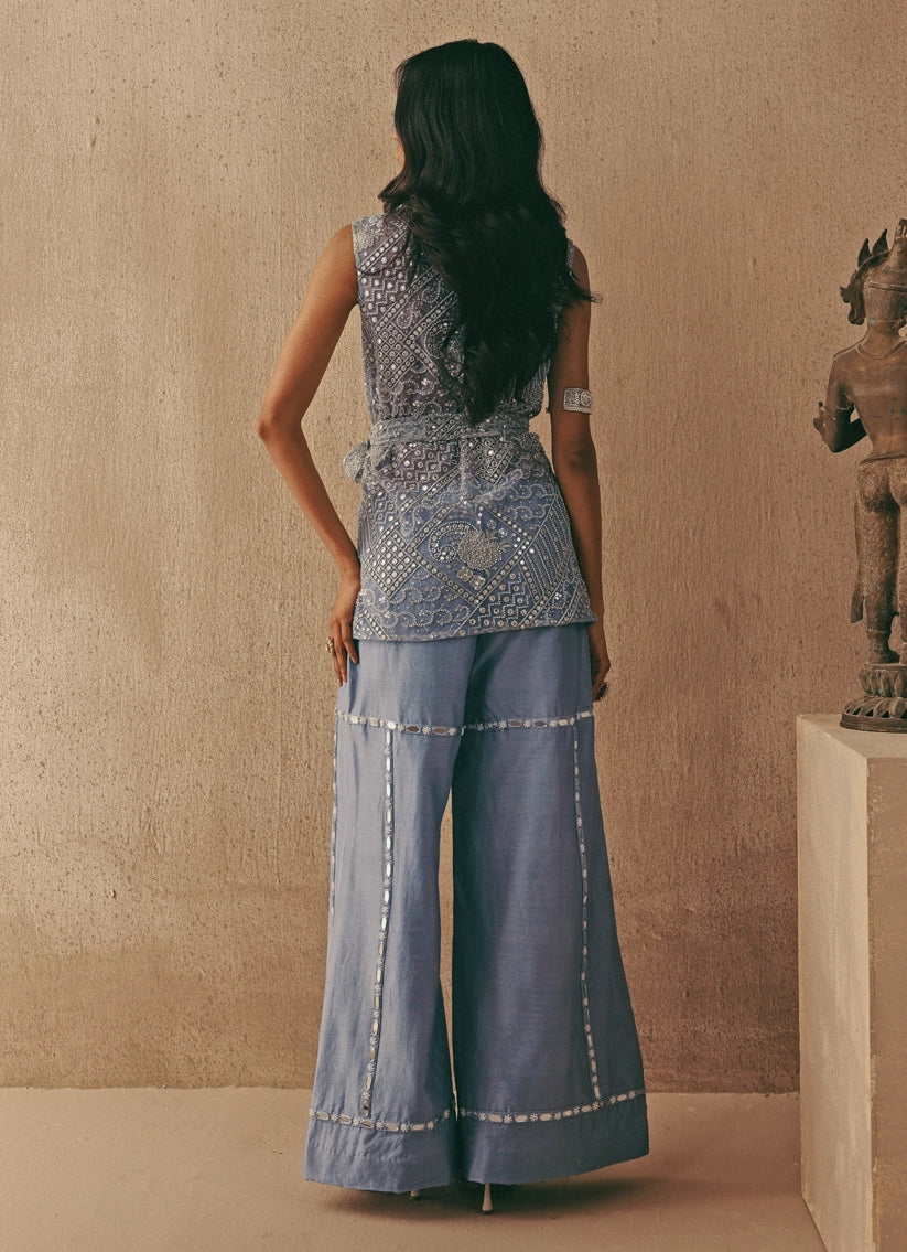 Blue Soft Net Blazer With Flared Pants