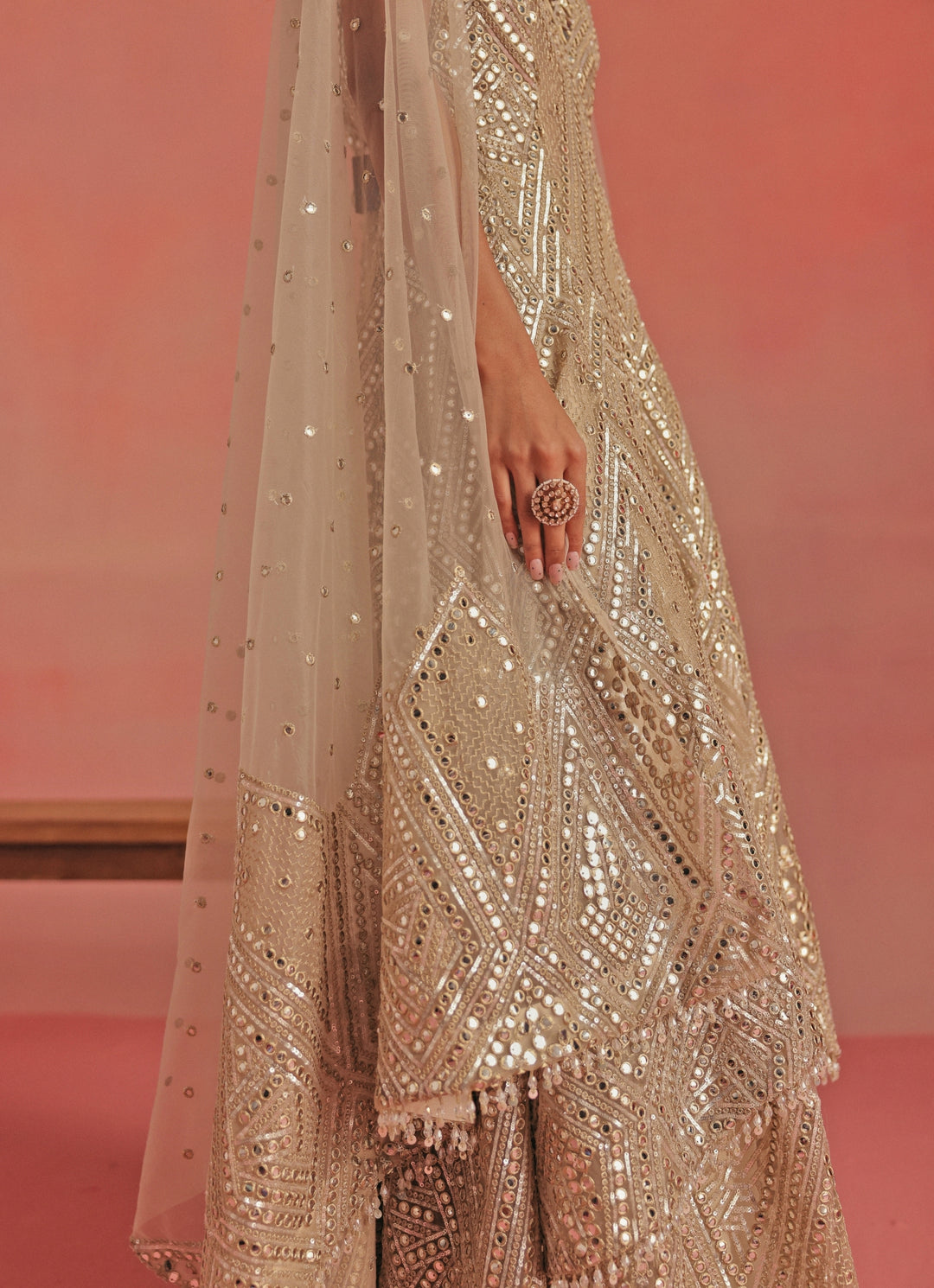 Beige Gold Mirrorwork Sharara Set With Sherwani Jacket