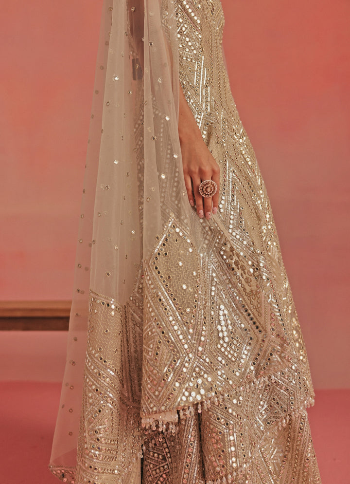Beige Gold Mirrorwork Sharara Set With Sherwani Jacket