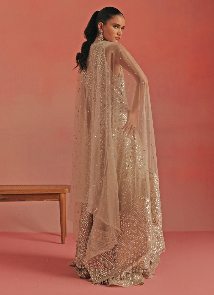 Beige Gold Mirrorwork Sharara Set With Sherwani Jacket