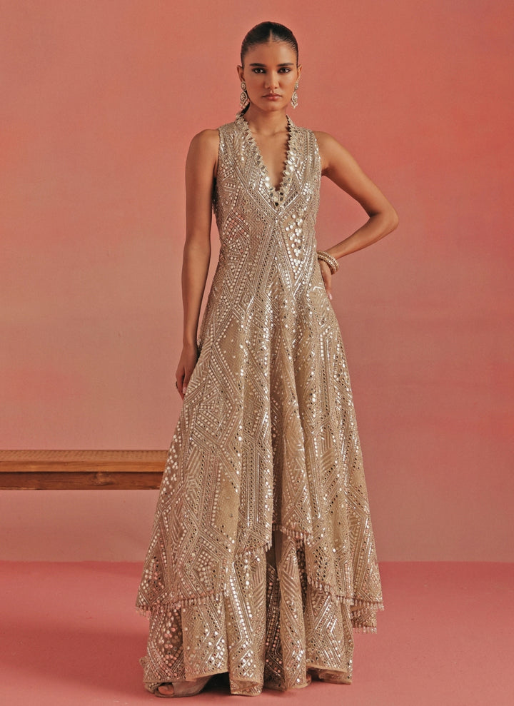 Beige Gold Mirrorwork Sharara Set With Sherwani Jacket