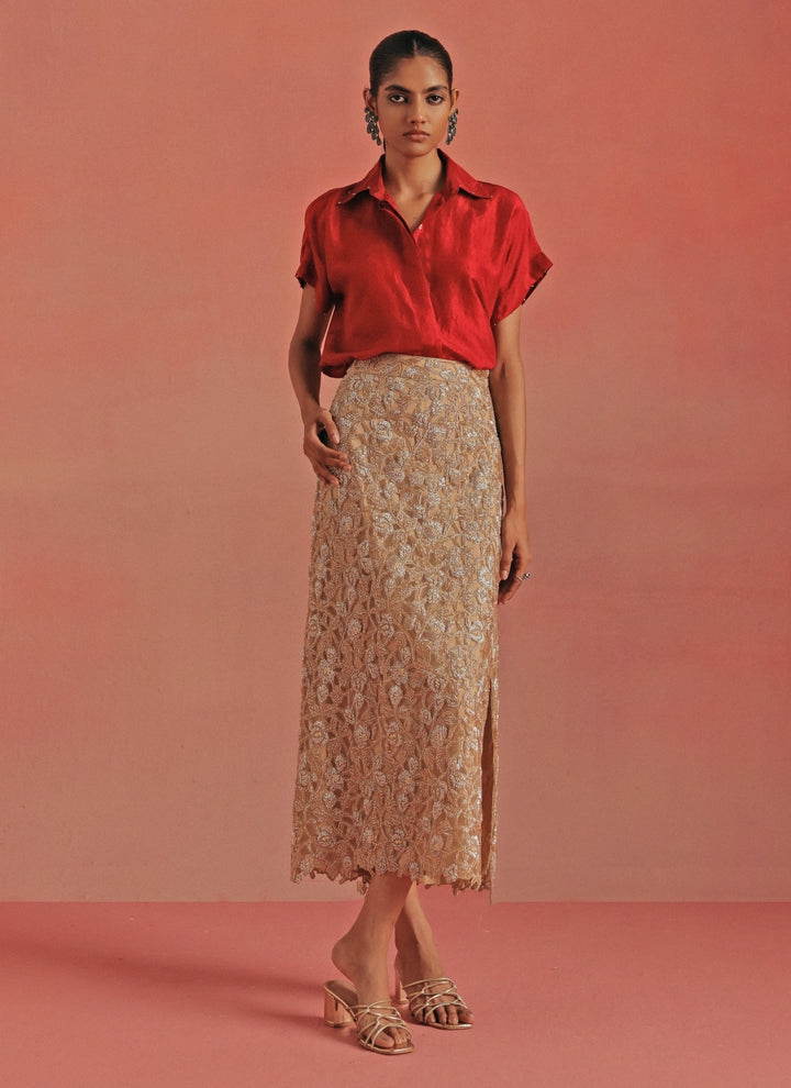 Red And Gold Soft Net Pencil Skirt Set