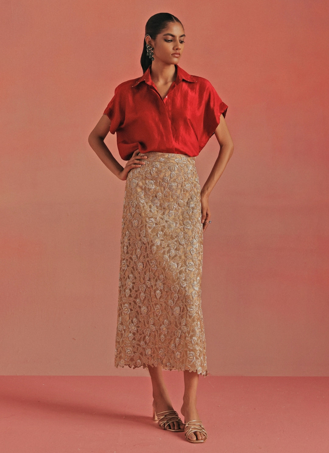 Red And Gold Soft Net Pencil Skirt Set