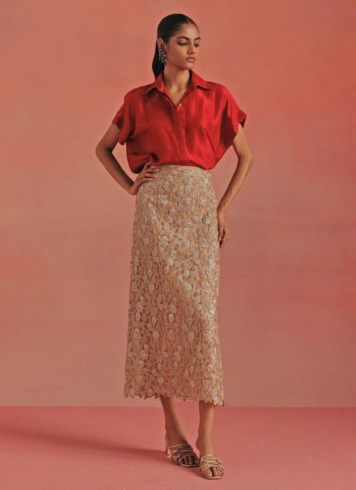 Red And Gold Soft Net Pencil Skirt Set