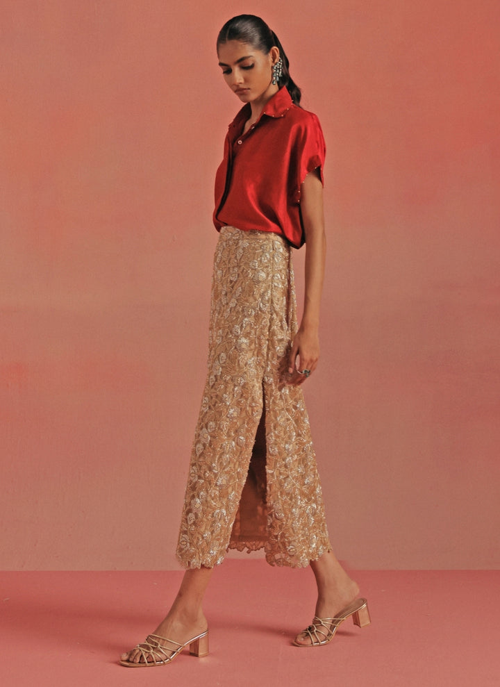 Red And Gold Soft Net Pencil Skirt Set