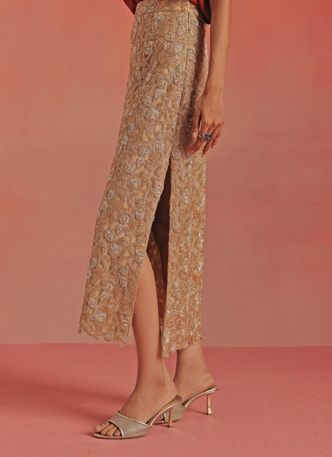 Red And Gold Soft Net Pencil Skirt Set