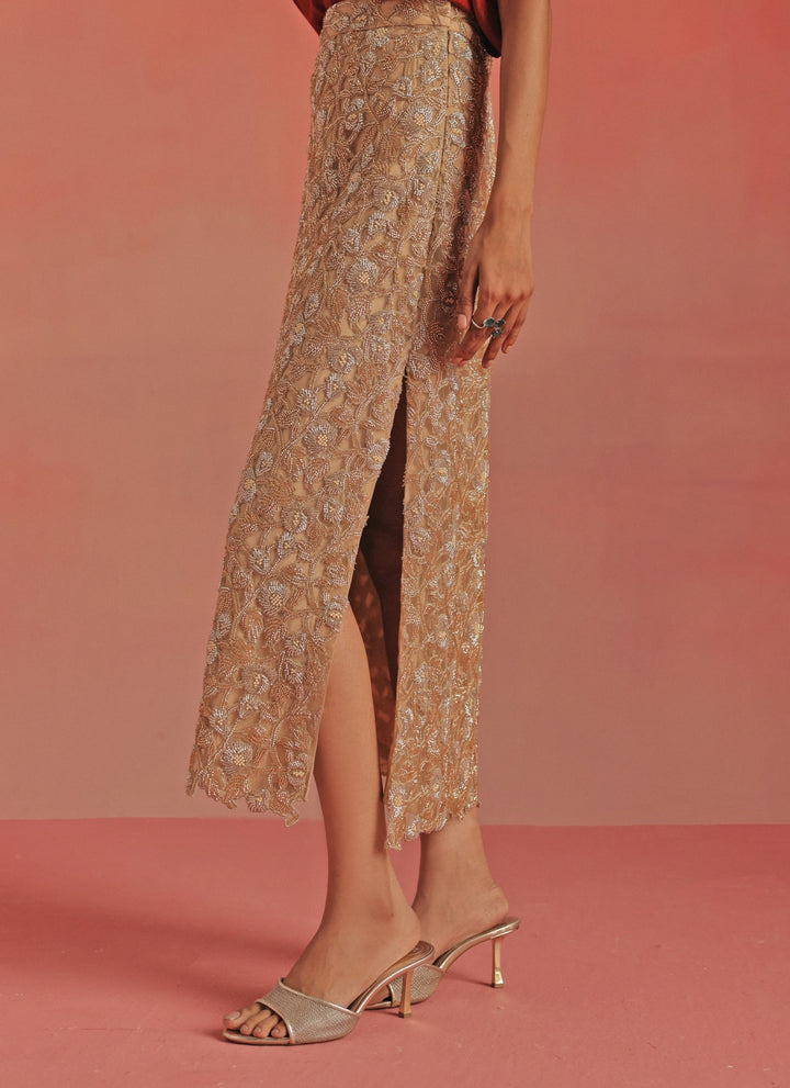 Red And Gold Soft Net Pencil Skirt Set