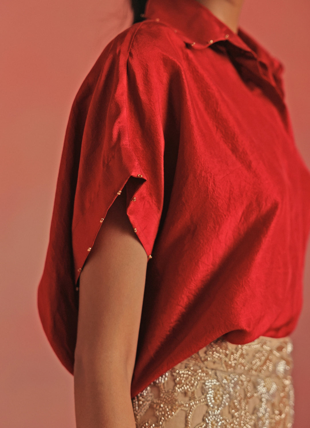 Red And Gold Soft Net Pencil Skirt Set
