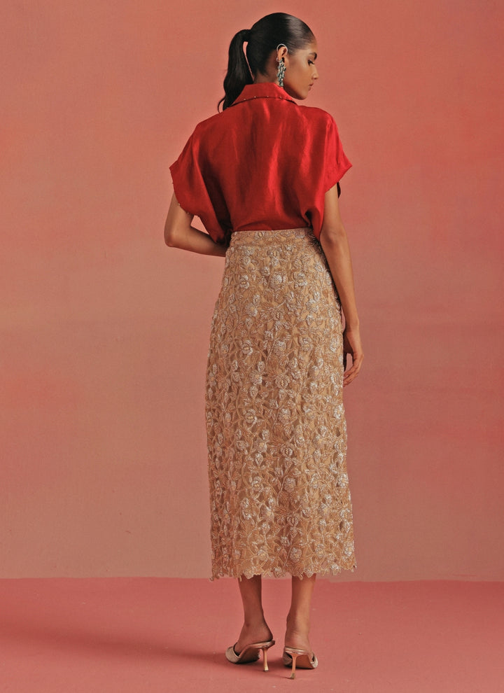 Red And Gold Soft Net Pencil Skirt Set