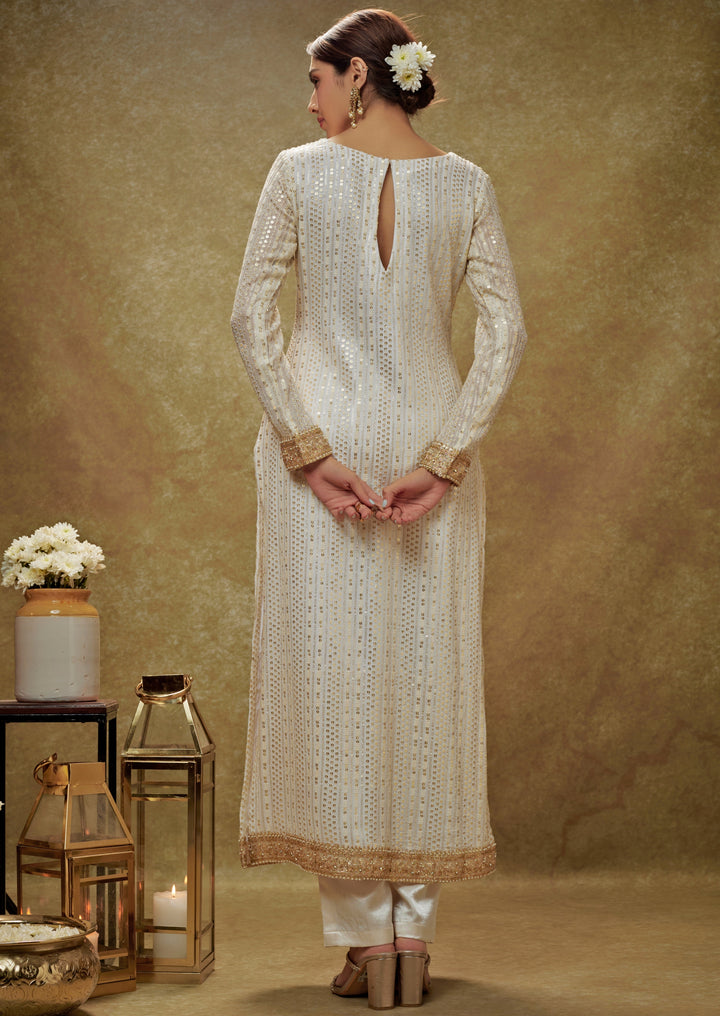 Ivory And Gold Sequin Embroidered Kurta Pants Set