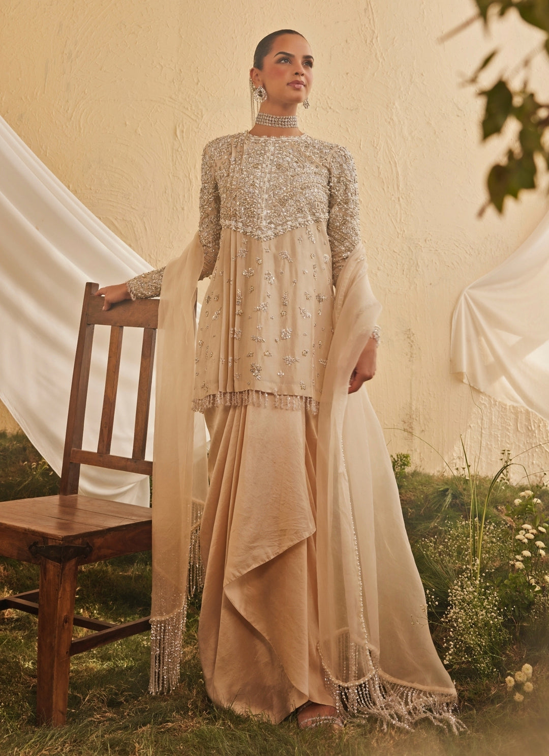 Muted Beige Silk Kurta With Drape Skirt And Dupatta