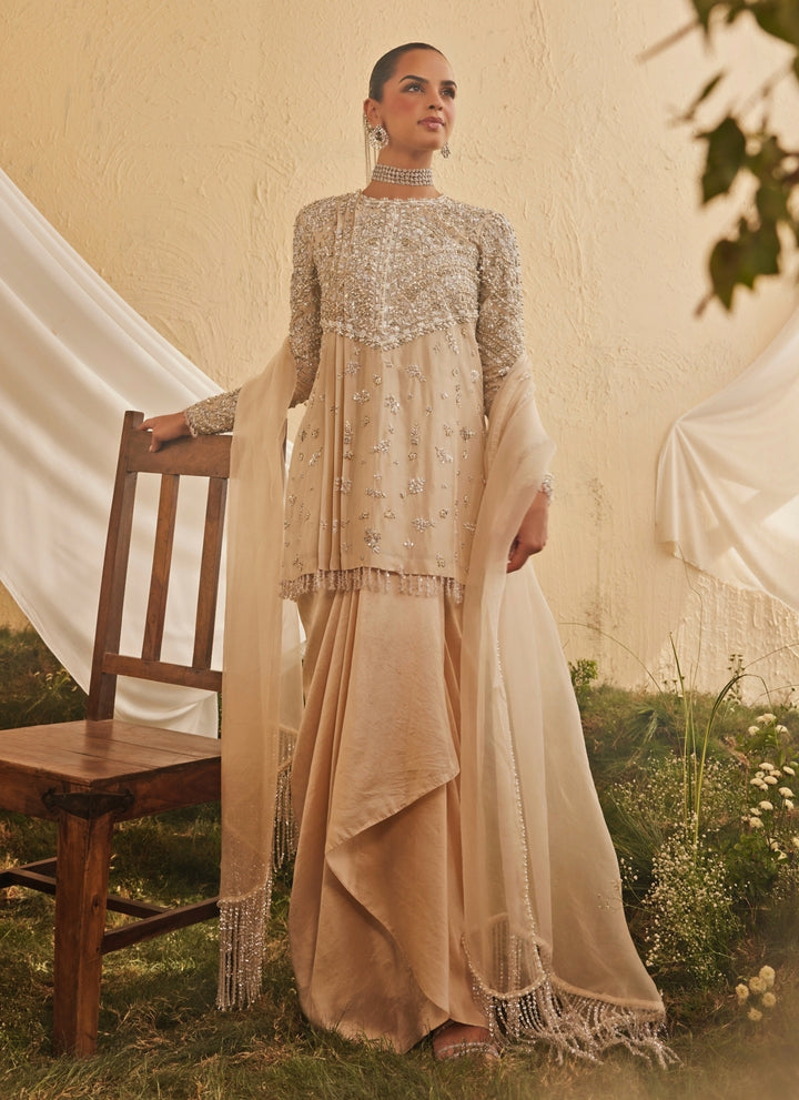 Muted Beige Silk Kurta With Drape Skirt And Dupatta