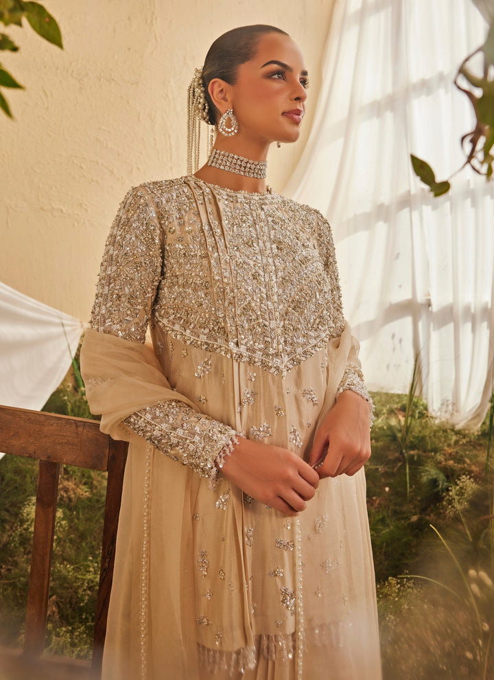 Muted Beige Silk Kurta With Drape Skirt And Dupatta