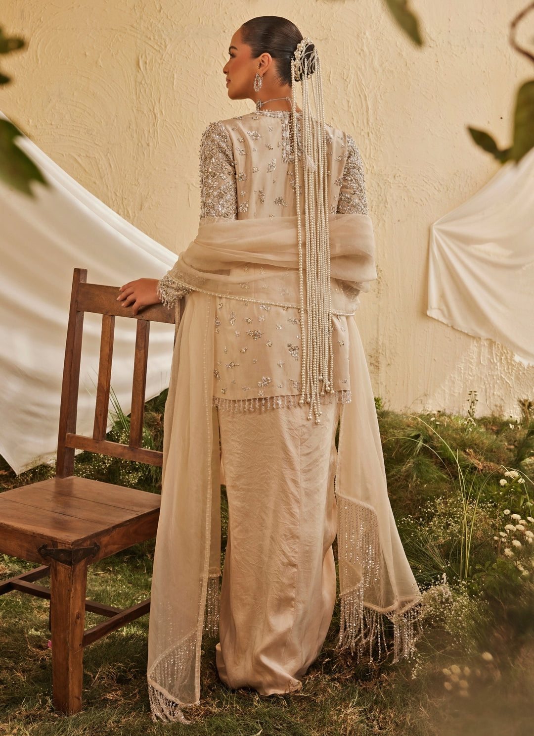 Muted Beige Silk Kurta With Drape Skirt And Dupatta