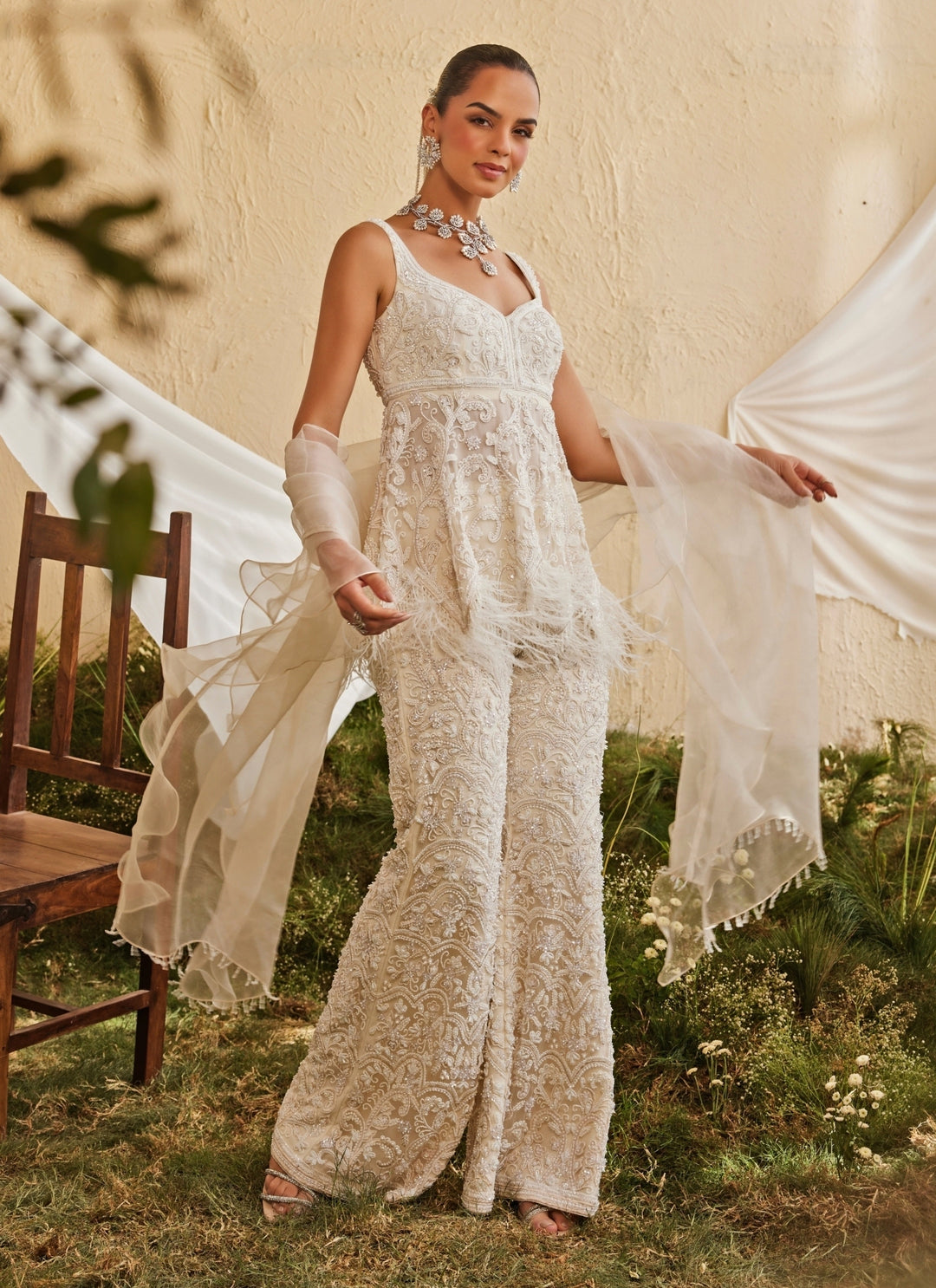 Ivory Soft Net Peplum Kurta Sharara Set
