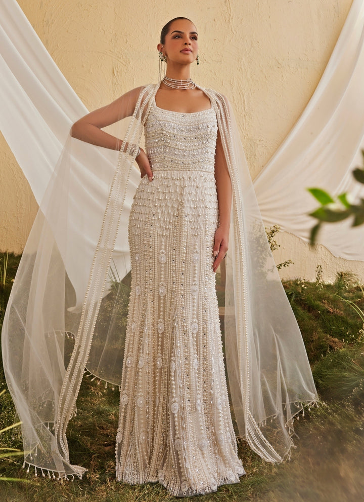 Pearl White Crepe Gown With Cape Dupatta