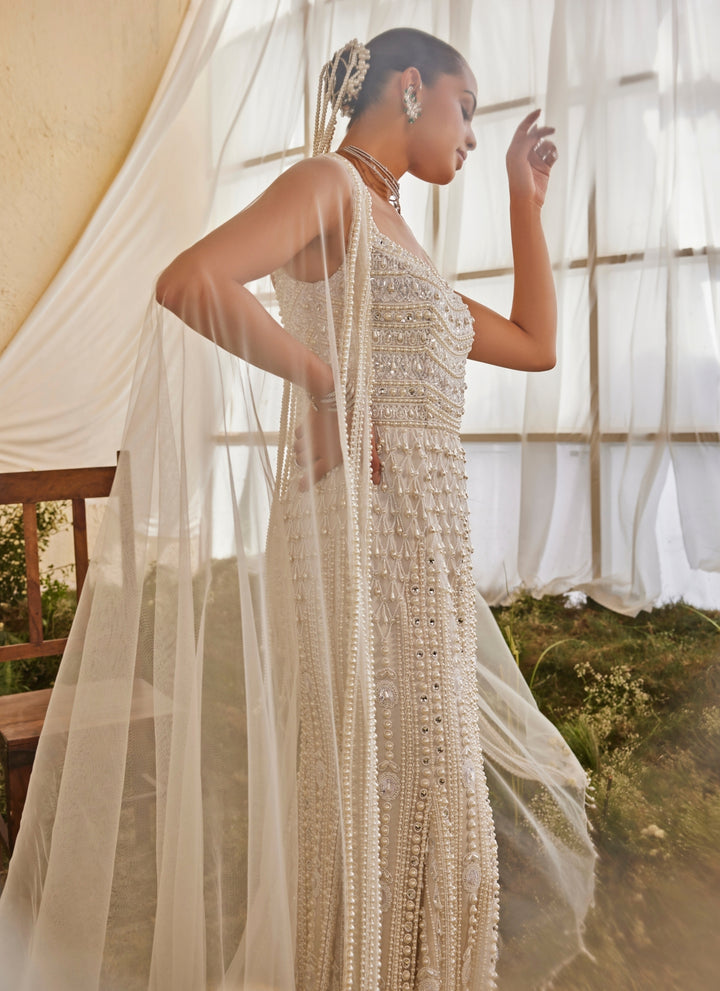 Pearl White Crepe Gown With Cape Dupatta