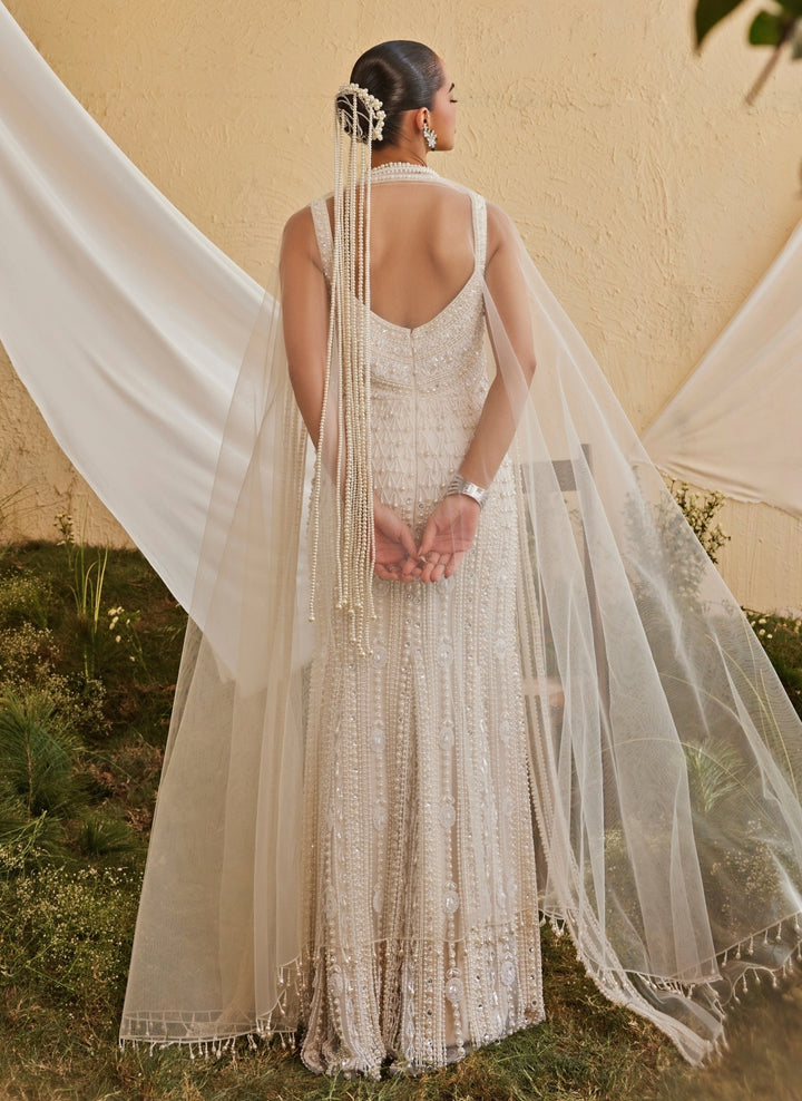 Pearl White Crepe Gown With Cape Dupatta