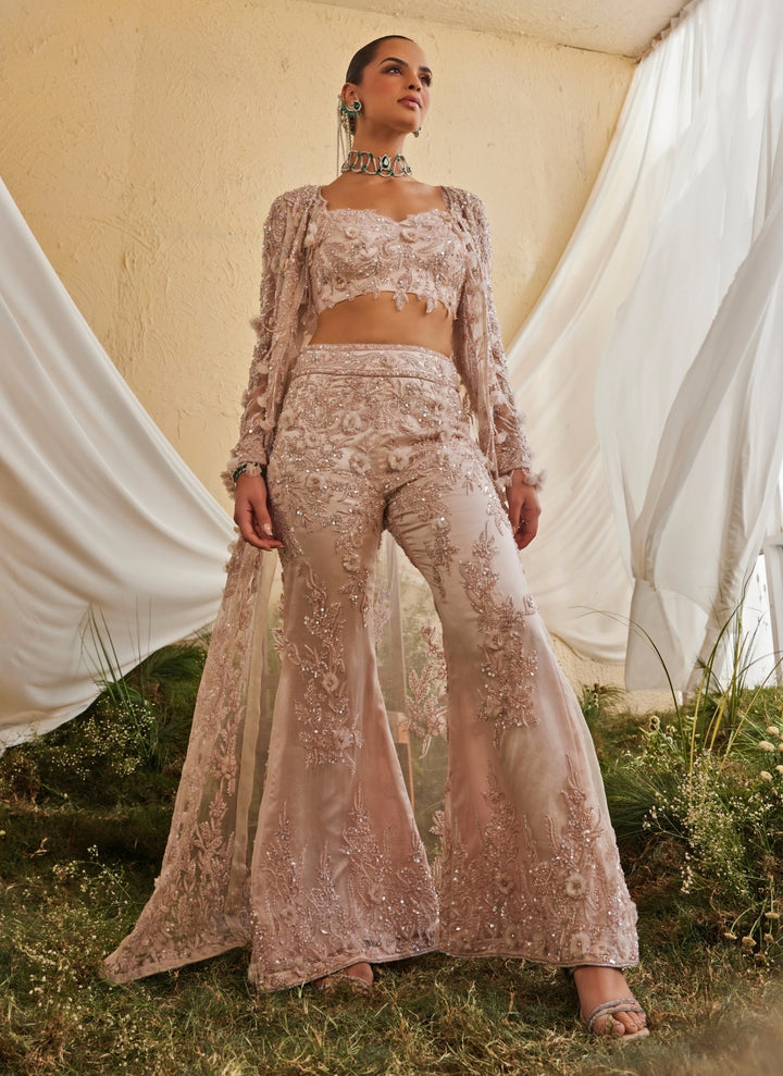 Blush Pink Crepe Blouse Sharara Set With Jacket