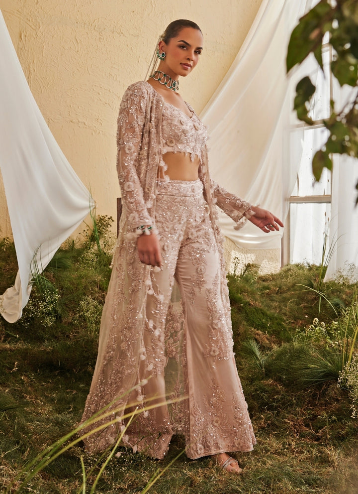 Blush Pink Crepe Blouse Sharara Set With Jacket