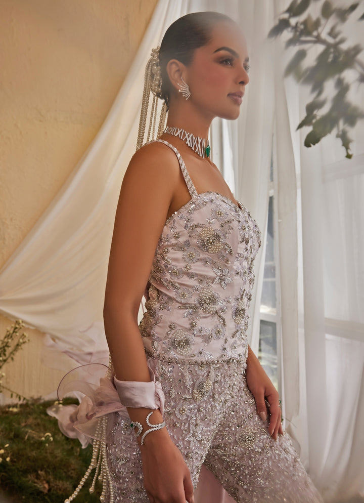 Lilac Embroidered Crepe Corset Sharara Set