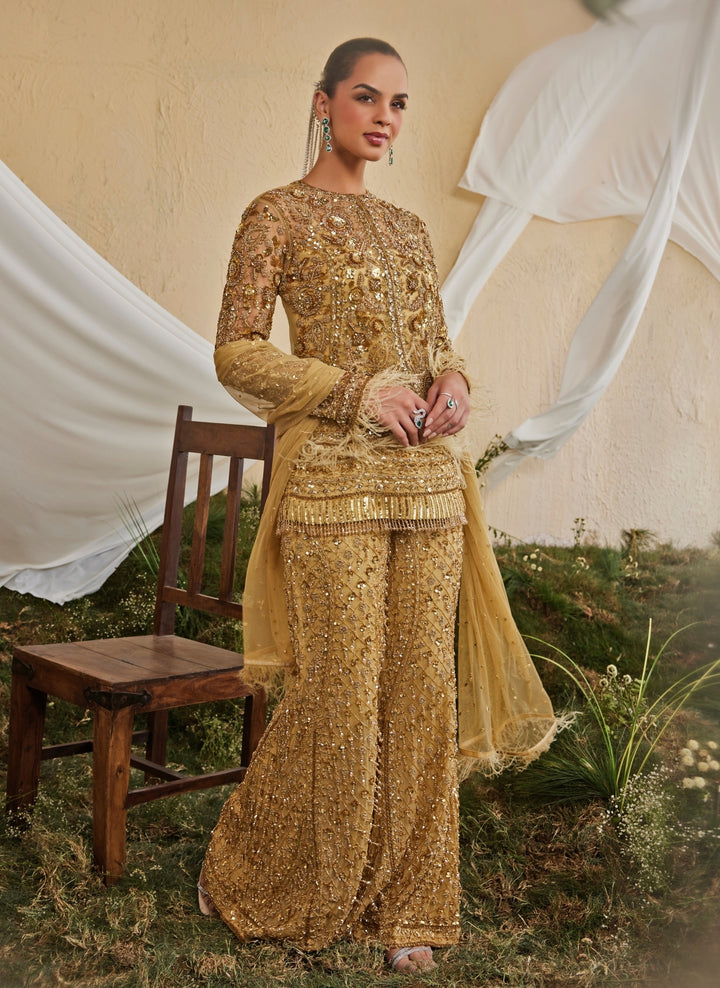 Gold Chiffon Kurta Sharara Set With Jacket