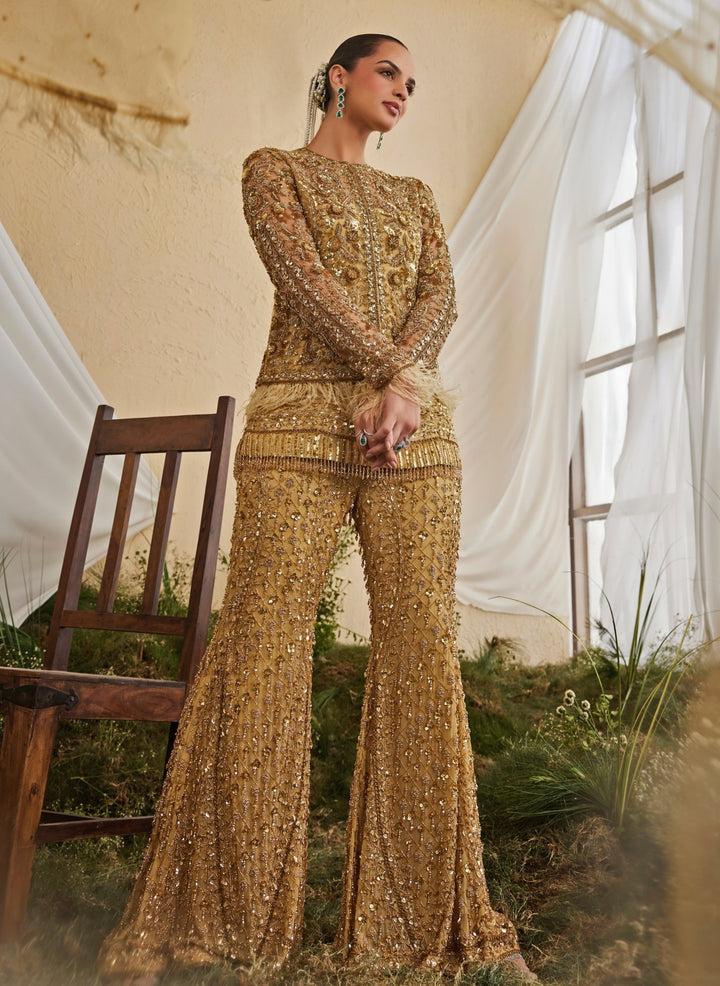 Gold Chiffon Kurta Sharara Set With Jacket