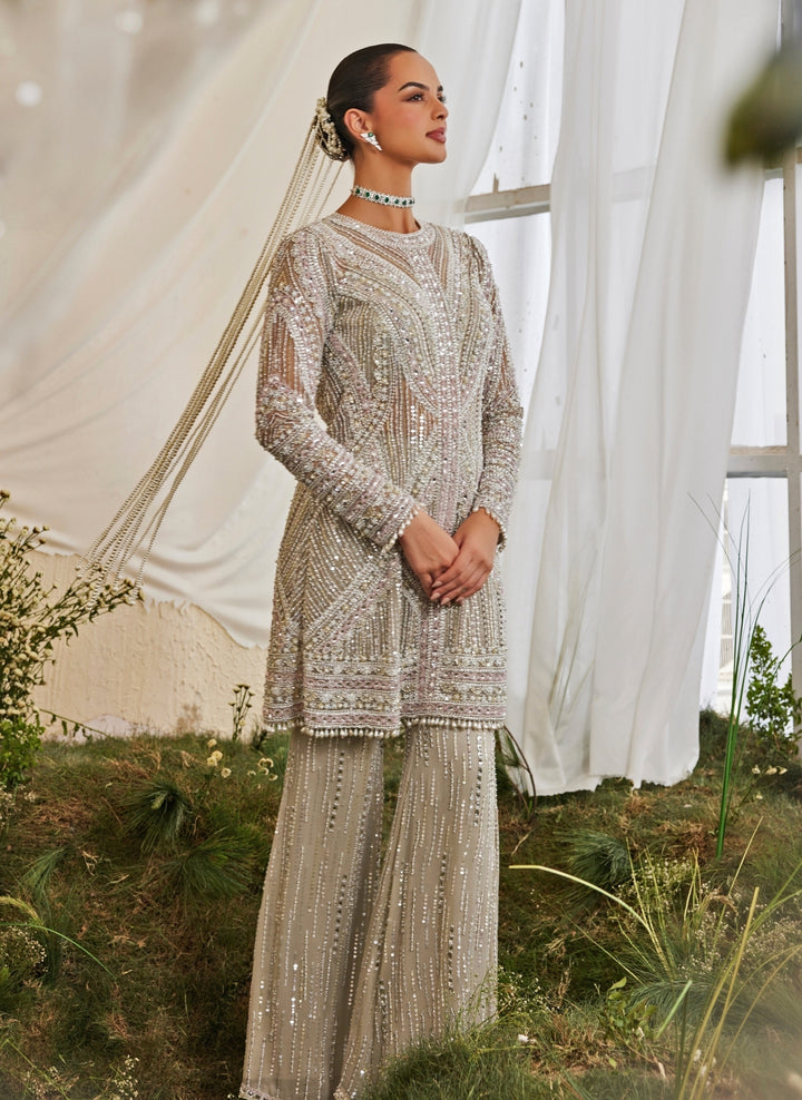 Silver Grey Soft Net Kurta Sharara Set