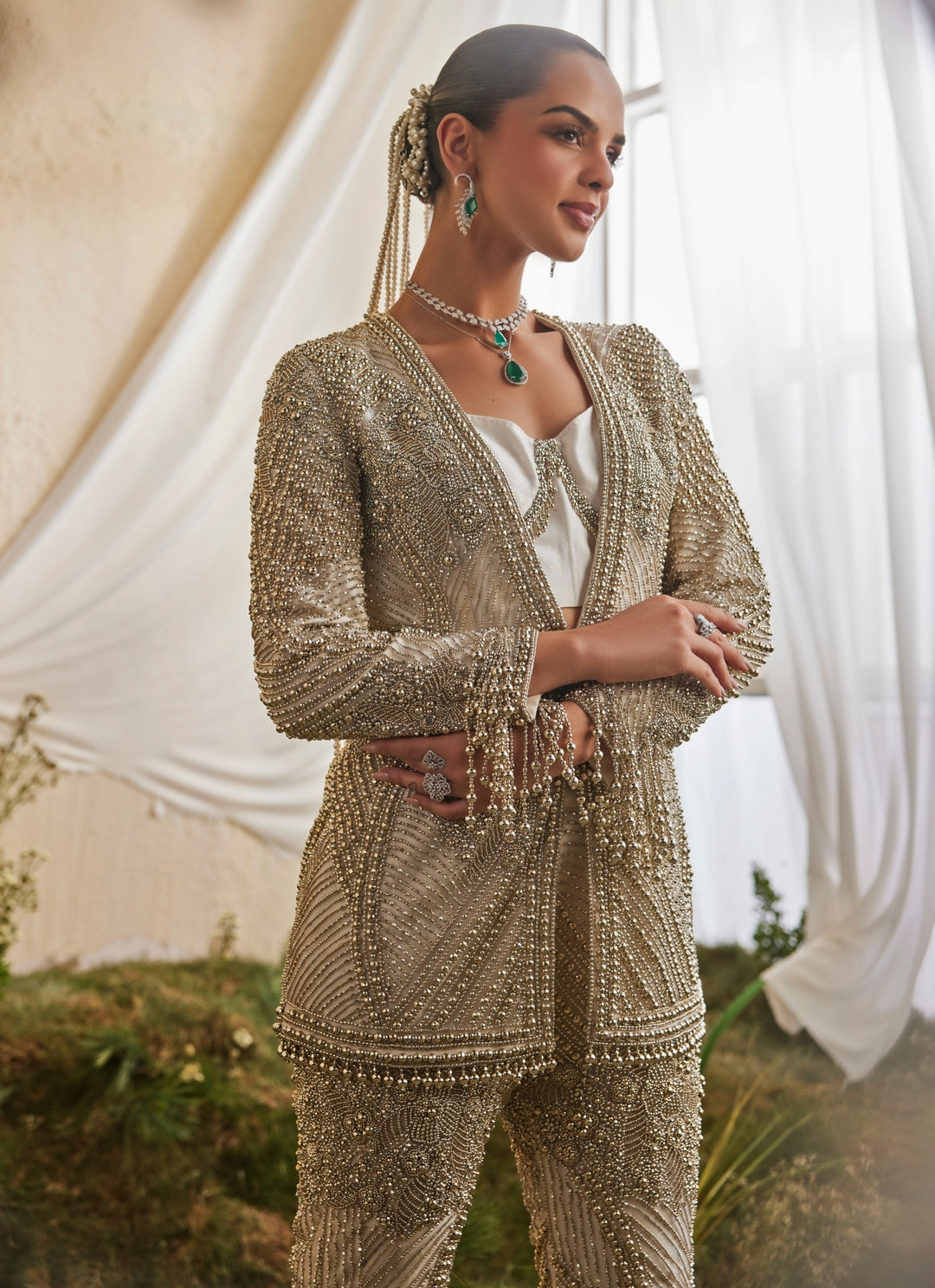 Silver Crepe Blouse Sharara Set With Jacket