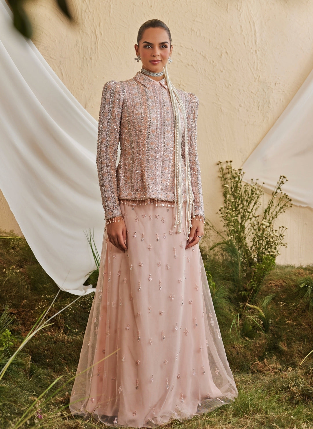 Soft Peach Crepe Jacket Skirt Set