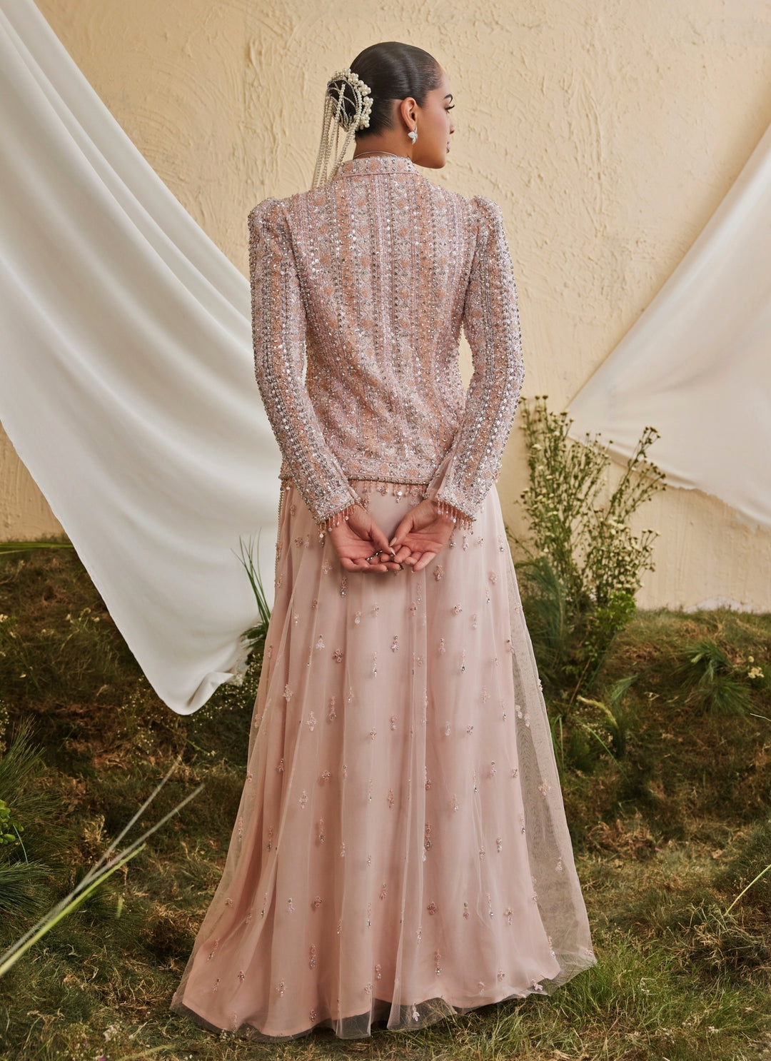 Soft Peach Crepe Jacket Skirt Set