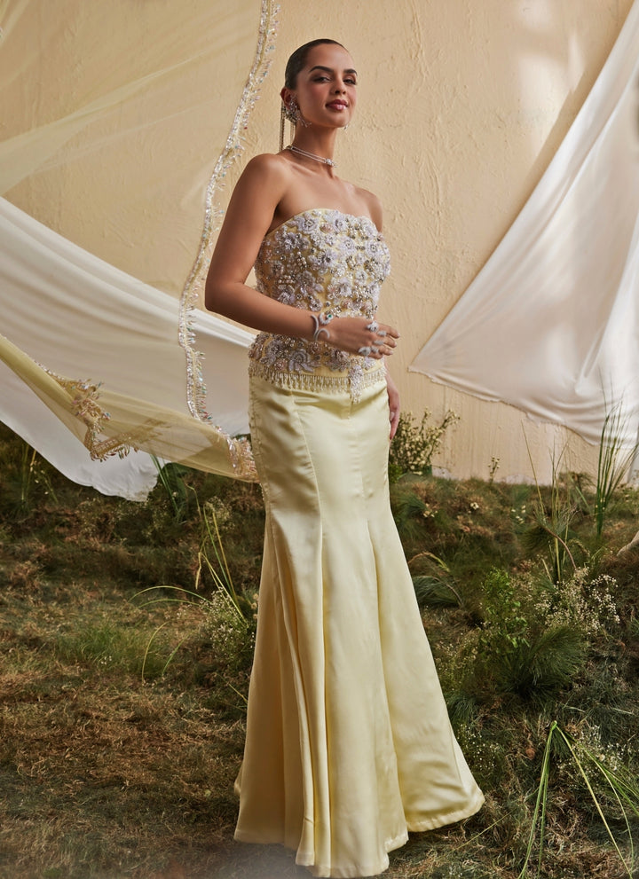 Pastel Yellow Satin Corset Lehenga Set