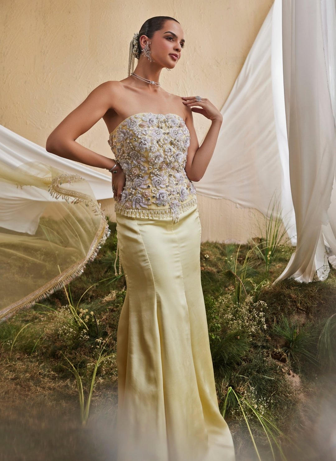 Pastel Yellow Satin Corset Lehenga Set
