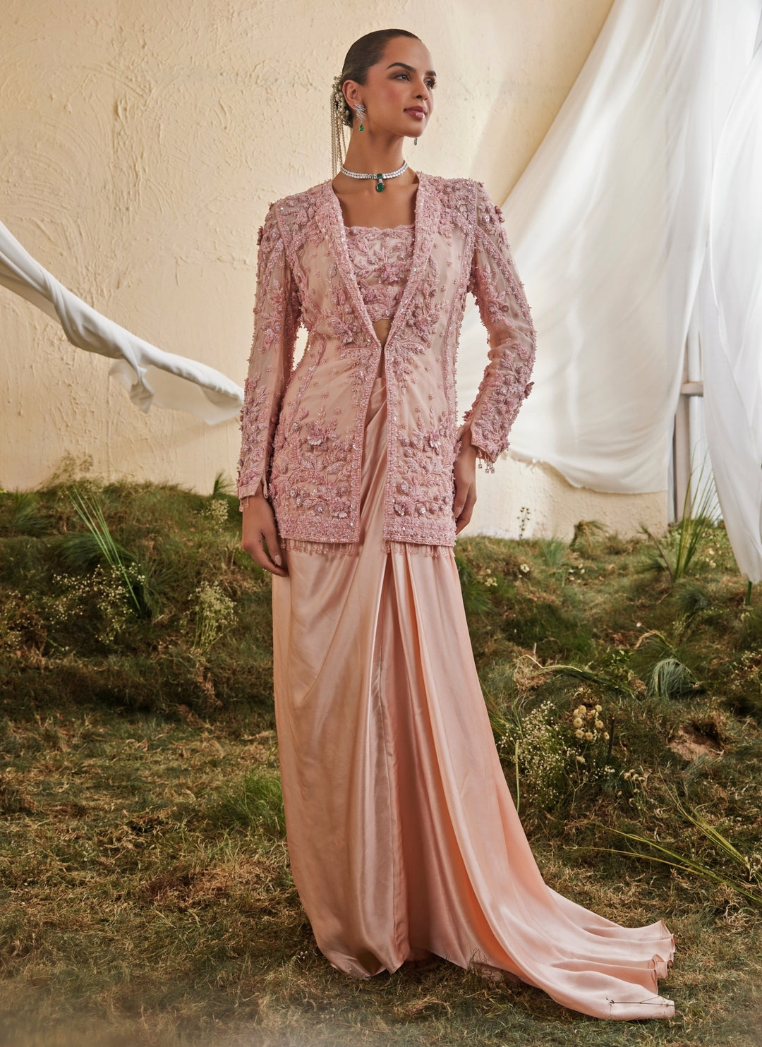 Peach Satin Drape Skirt Set With Jacket