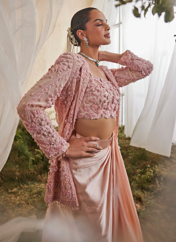 Peach Satin Drape Skirt Set With Jacket