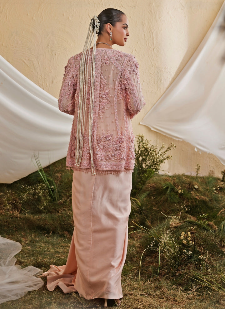 Peach Satin Drape Skirt Set With Jacket