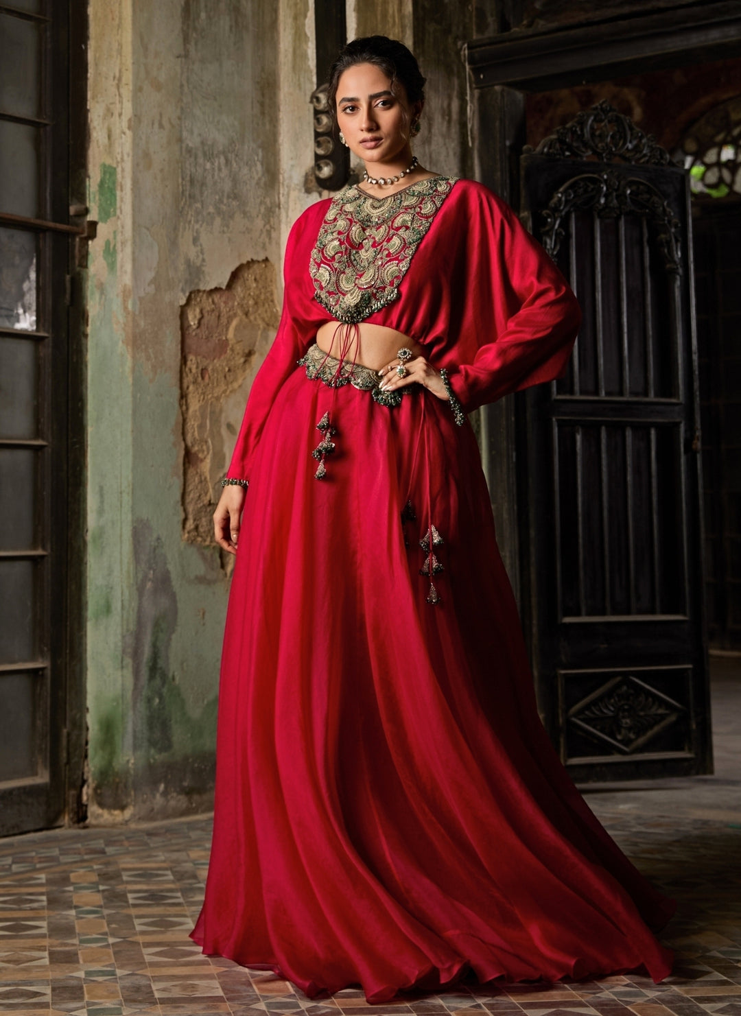 Red Organza Skirt Set With Embroidered Blouse