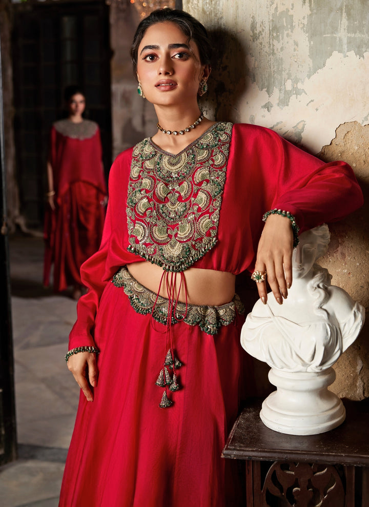 Red Organza Skirt Set With Embroidered Blouse