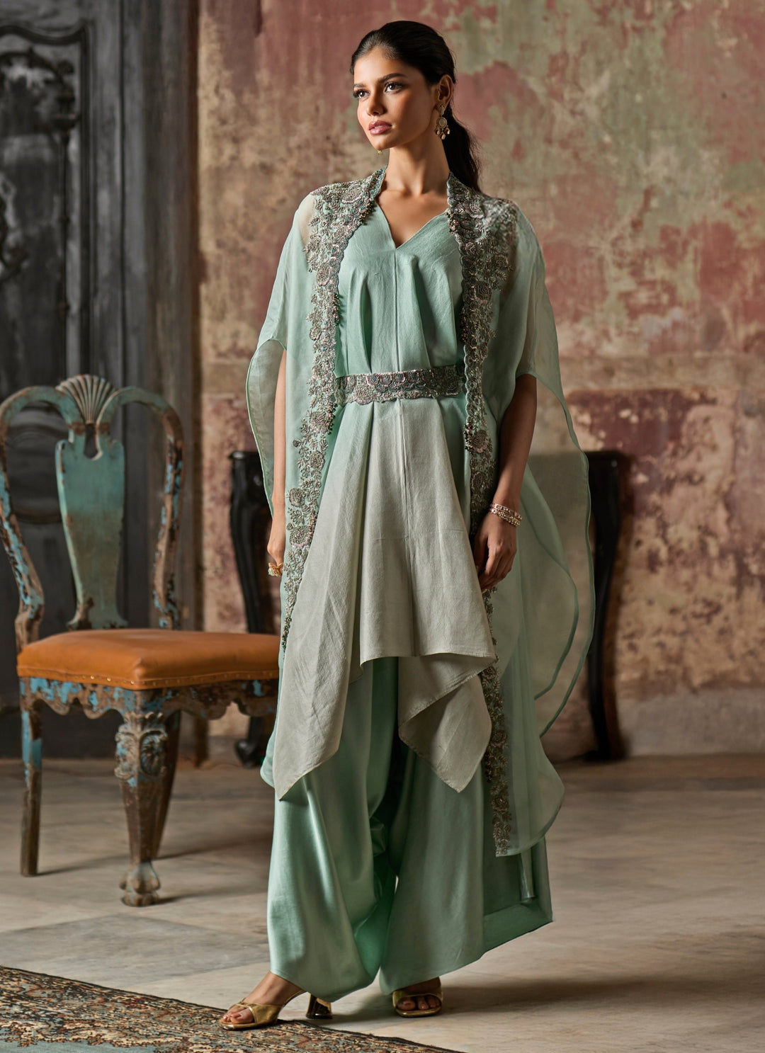 Sage Green Ombre Kurta Pants Set With Cape