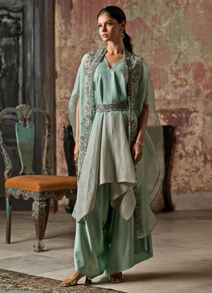 Sage Green Ombre Kurta Pants Set With Cape