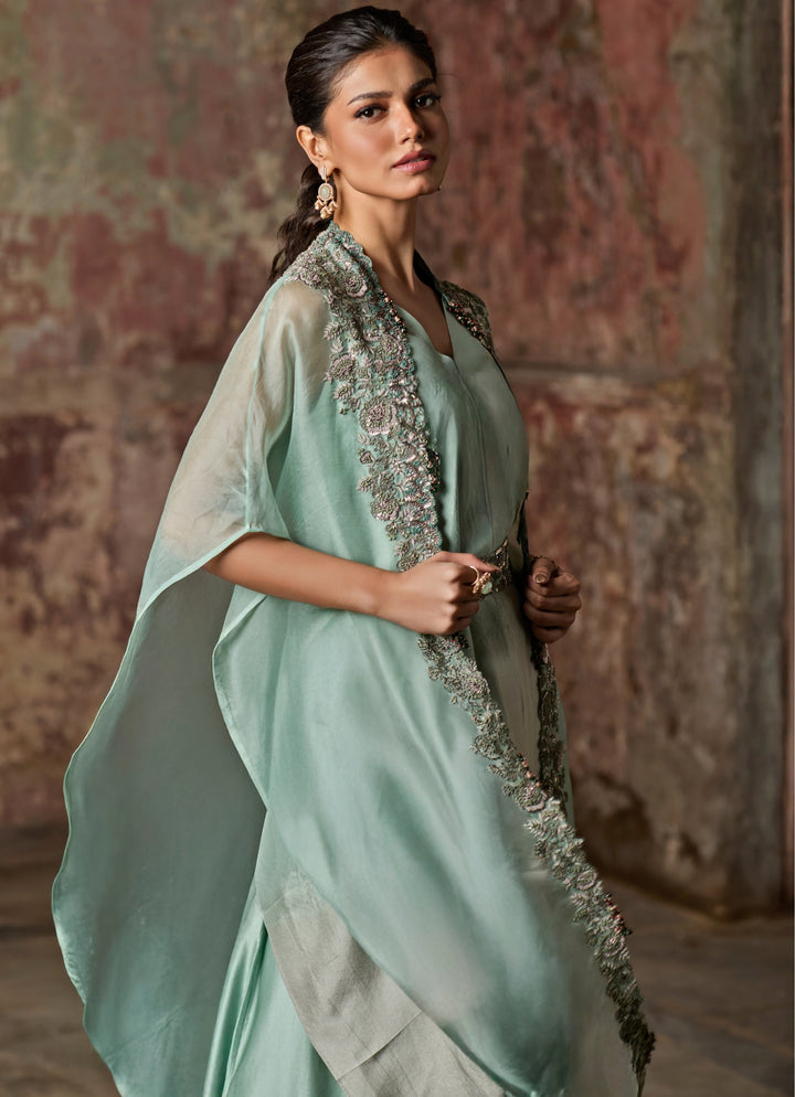 Sage Green Ombre Kurta Pants Set With Cape