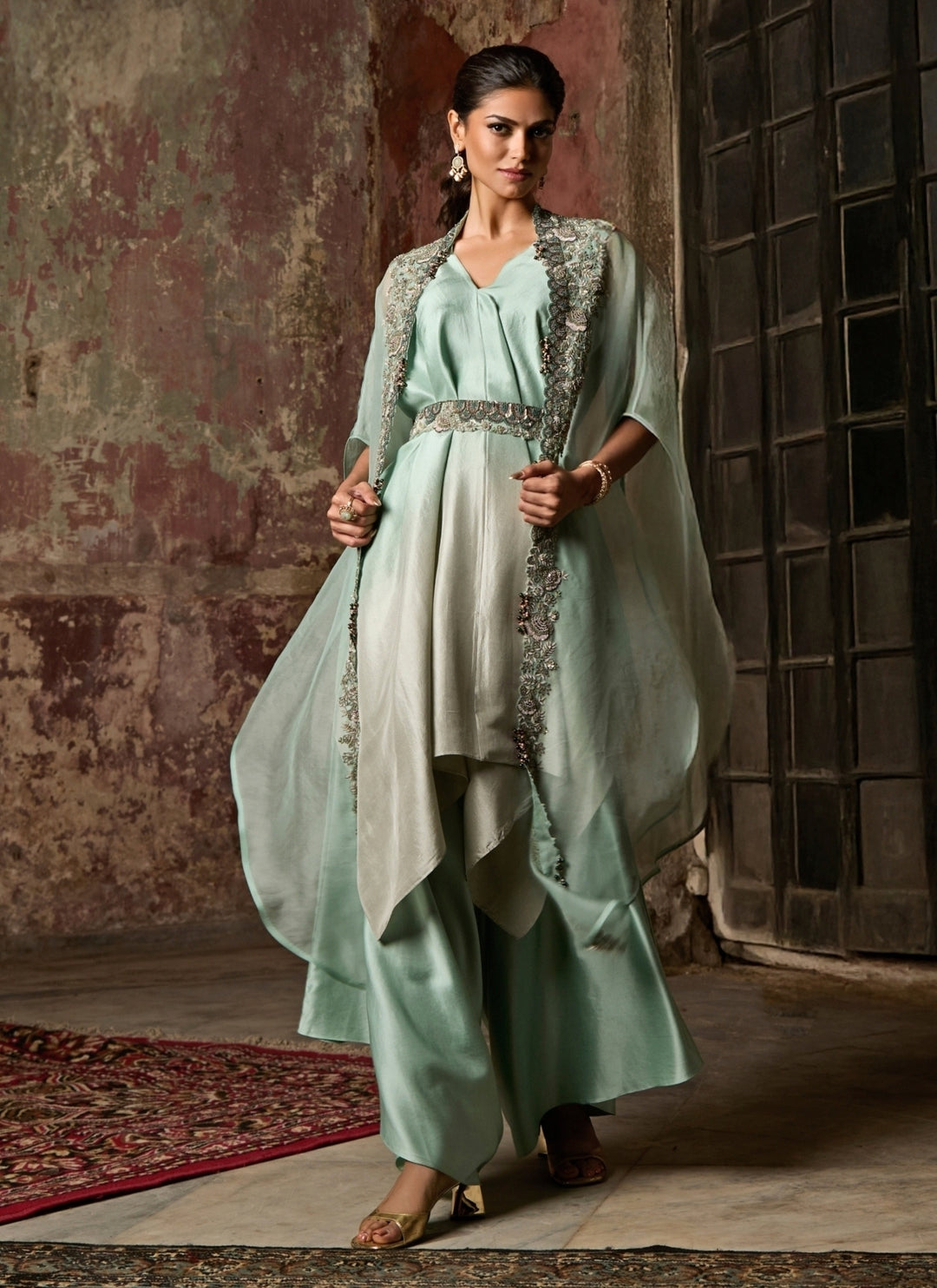 Sage Green Ombre Kurta Pants Set With Cape