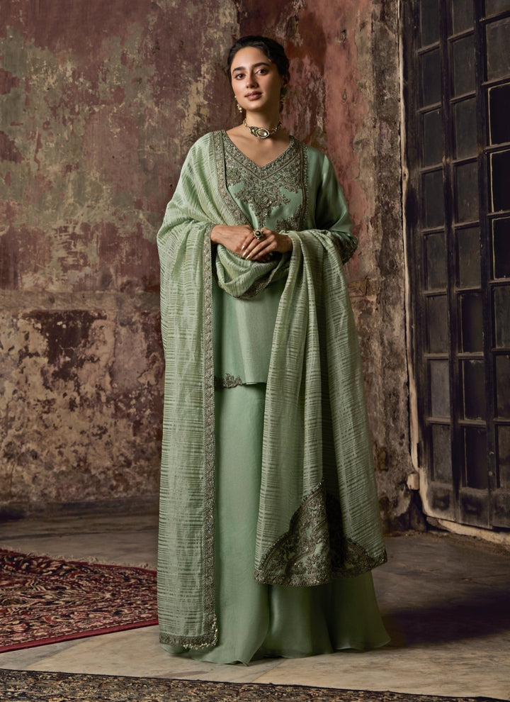 Sage Green Silk Kurta Sharara Set