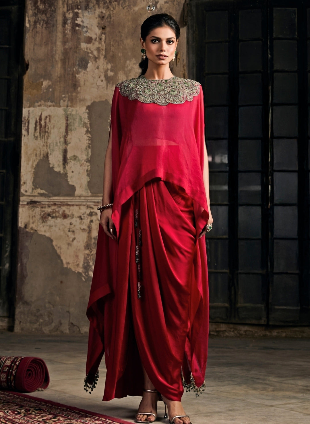 Red Satin Drape Skirt With Kaftan Top