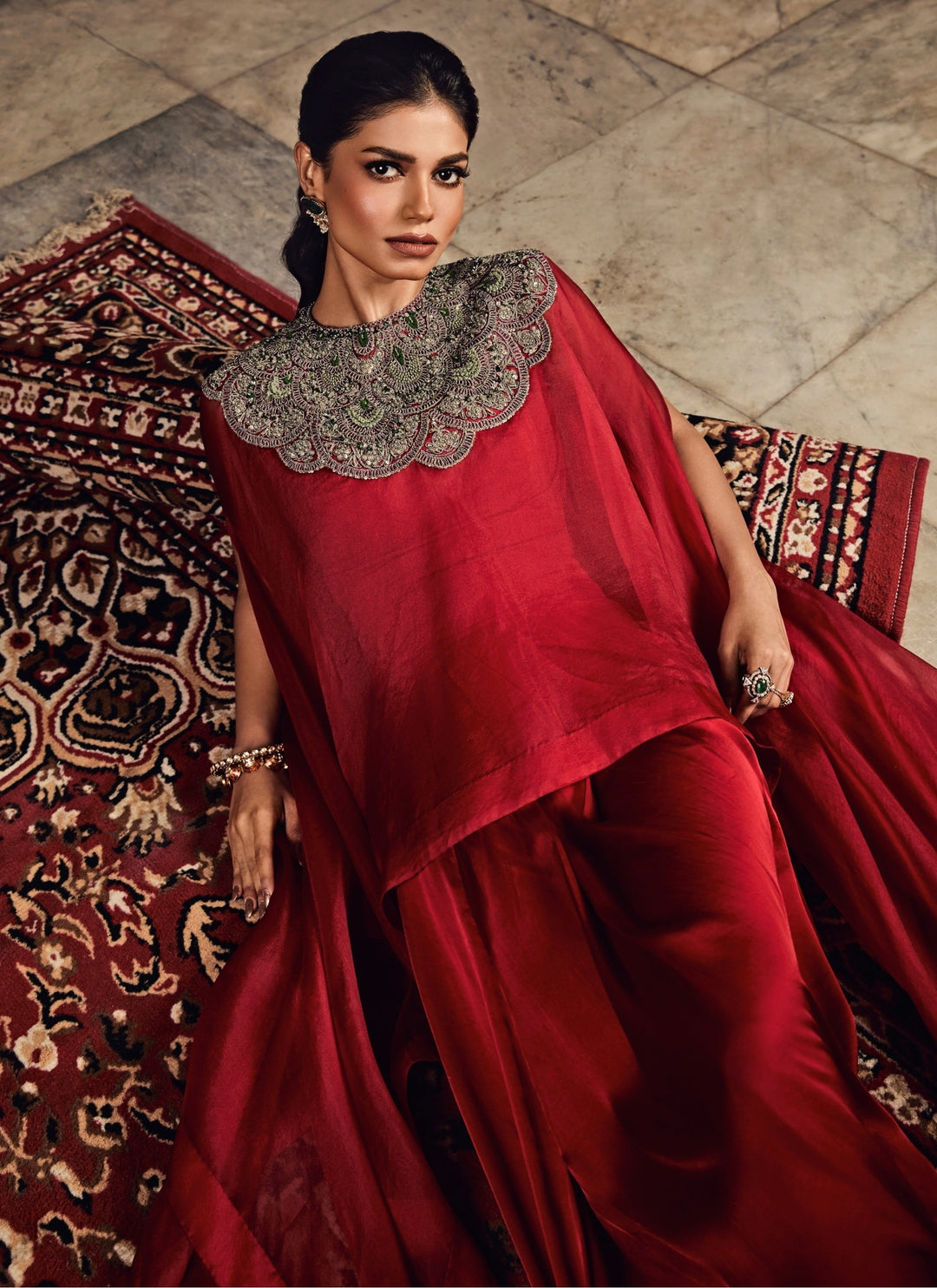 Red Satin Drape Skirt With Kaftan Top
